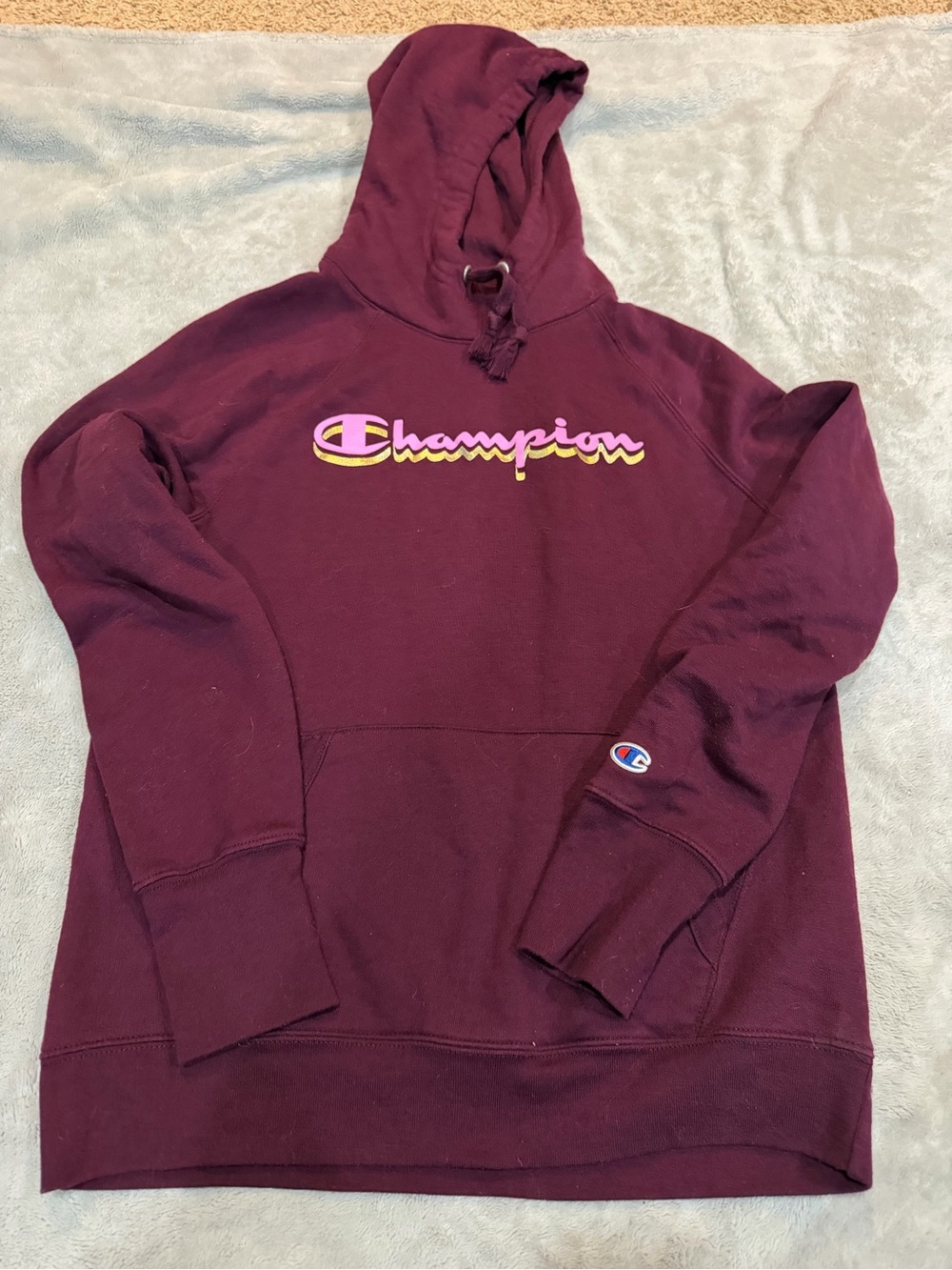 Champion Maroon Crewneck Hoodie with Yellow-Pink Script